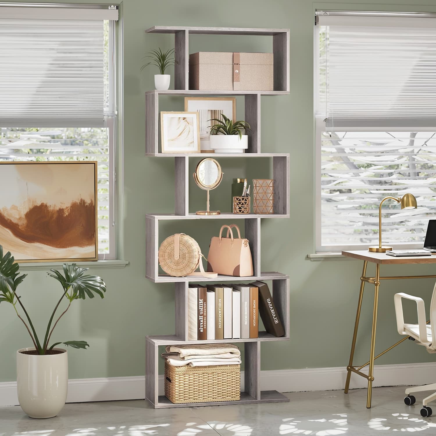 6-Tier Bookshelf – Wood – White – Freestanding Room Divider