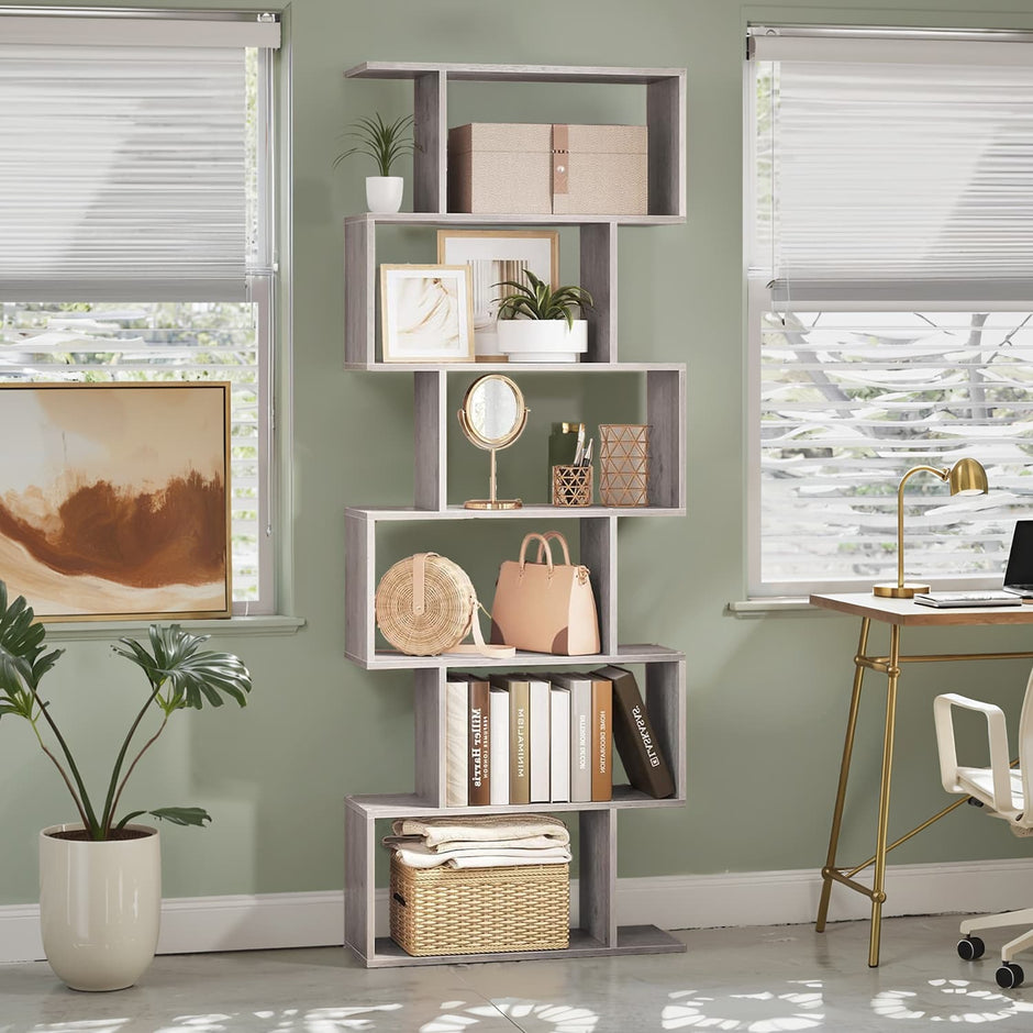 6-Tier Bookshelf – Wood – White – Freestanding Room Divider