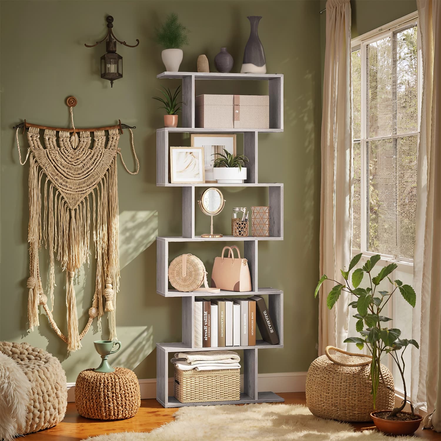 6-Tier Bookshelf – Wood – White – Freestanding Room Divider