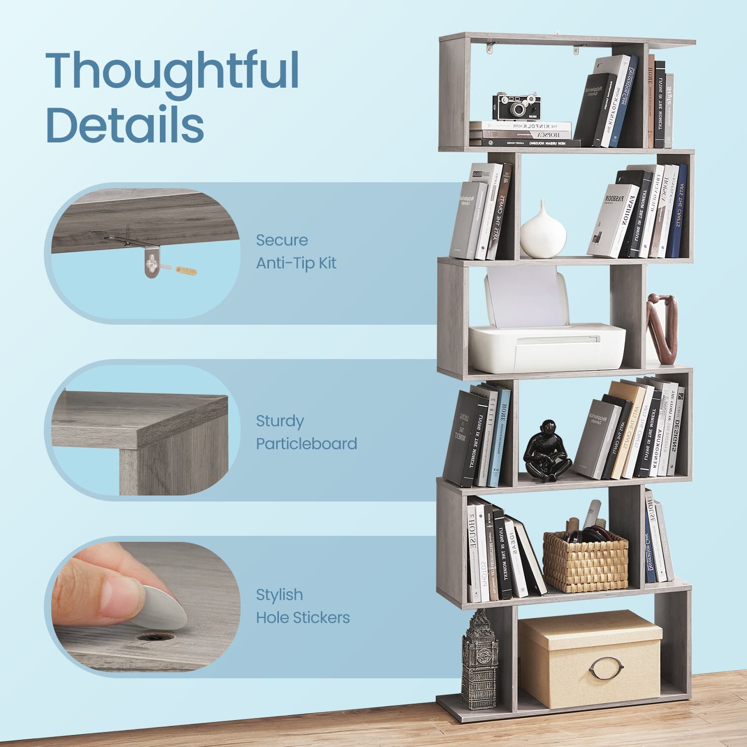 6-Tier Bookshelf – Wood – White – Freestanding Room Divider