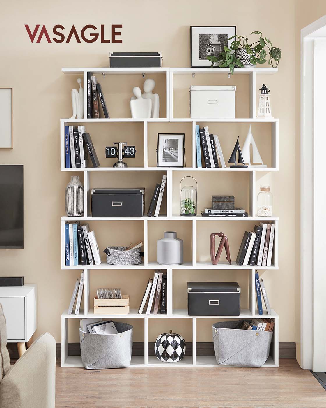 Wooden Cube Display Shelf – Wood – White – 6-Tier Freestanding Shelving Unit and Room Divider