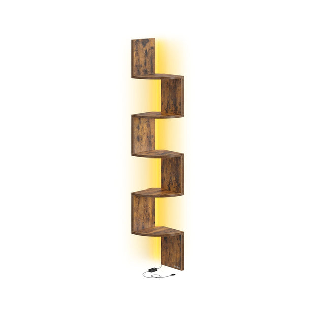 Wall Mounted Corner Shelf – Wood – Matte White – 5-Tier Floating Design with RGB LED Lights and Remote Control
