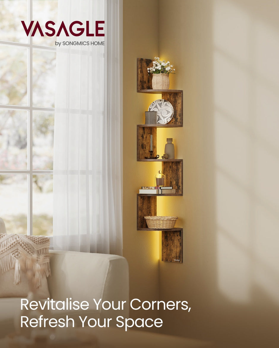 Wall Mounted Corner Shelf – Wood – Matte White – 5-Tier Floating Design with RGB LED Lights and Remote Control