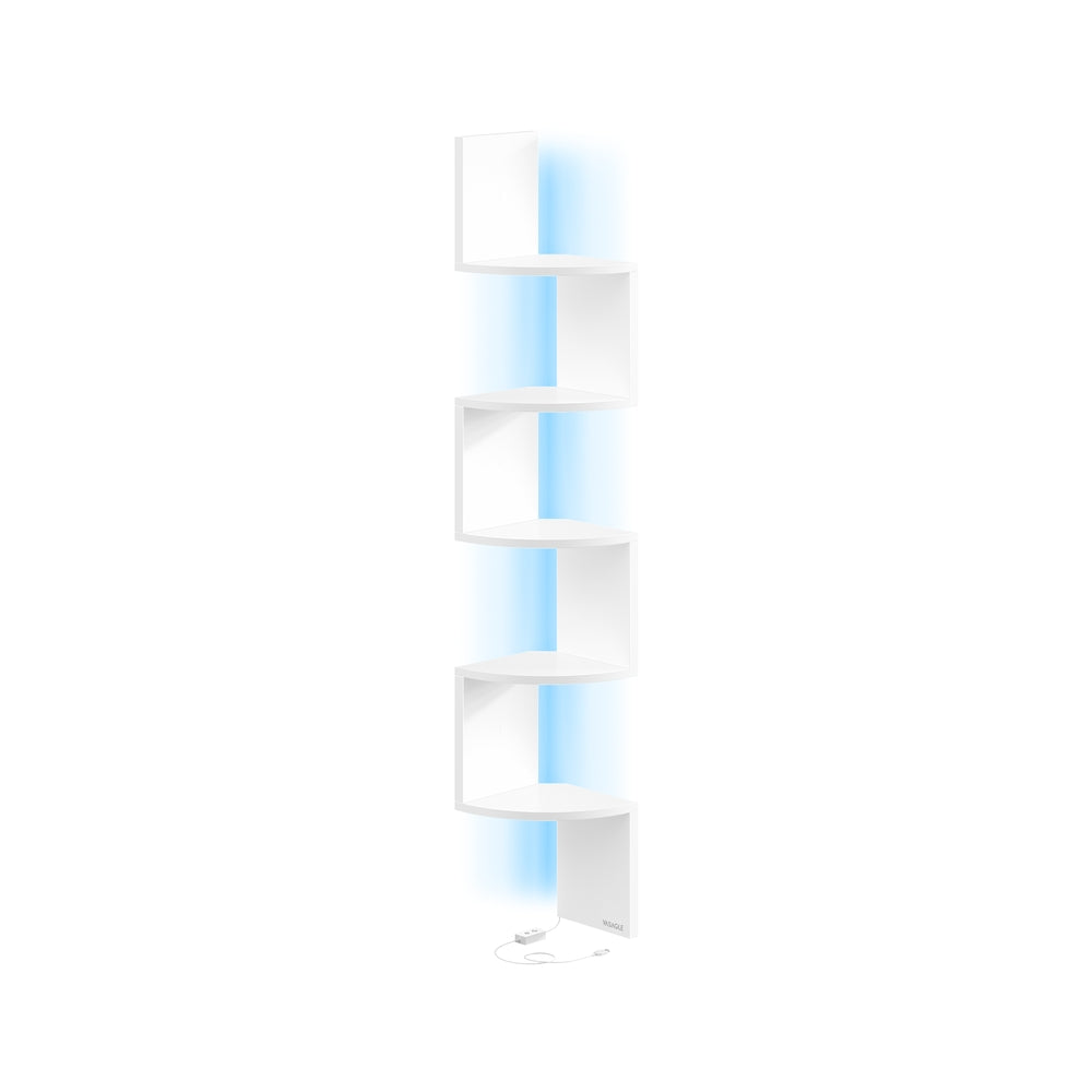 Wall Mounted Corner Shelf – Wood – Matte White – 5-Tier Floating Design with RGB LED Lights and Remote Control