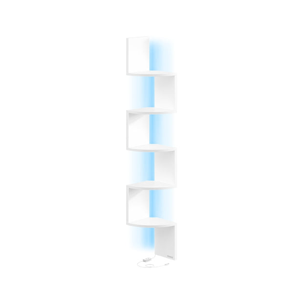 Wall Mounted Corner Shelf – Wood – Matte White – 5-Tier Floating Design with RGB LED Lights and Remote Control