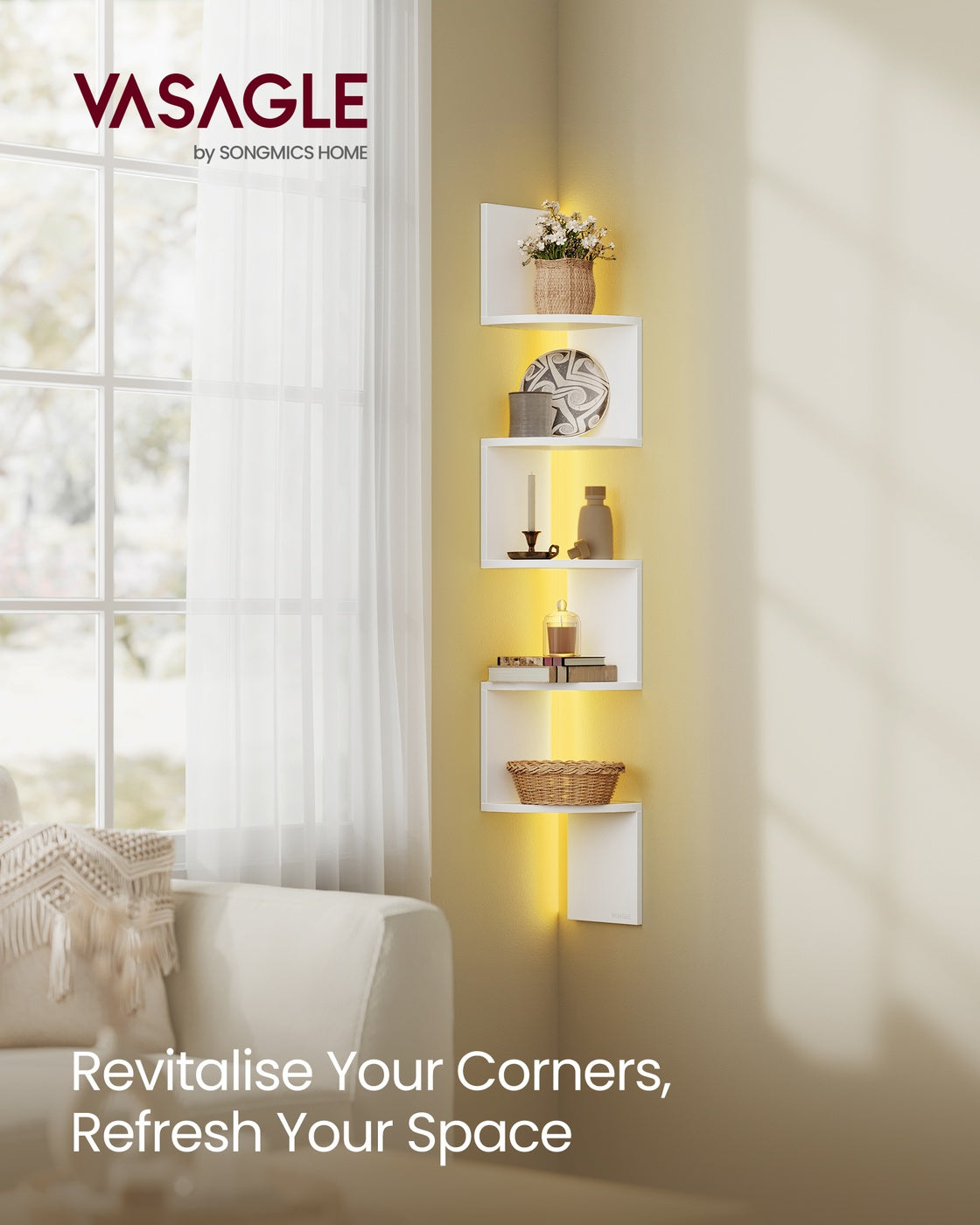 Wall Mounted Corner Shelf – Wood – Matte White – 5-Tier Floating Design with RGB LED Lights and Remote Control
