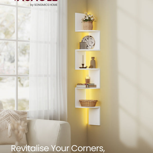Wall Mounted Corner Shelf – Wood – Matte White – 5-Tier Floating Design with RGB LED Lights and Remote Control