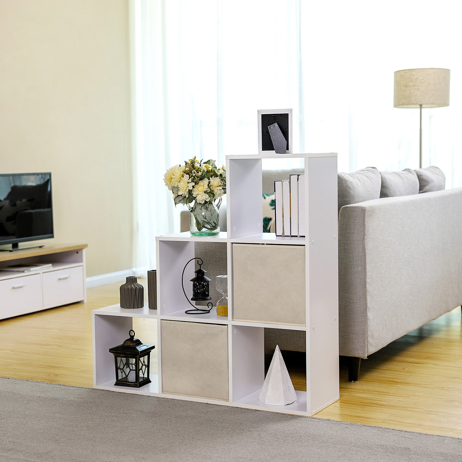 Staircase Shelf – Wood – White – 6-Cube Storage and Display Unit
