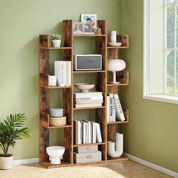 Tree-Shaped Bookcase – Engineered Wood – Rustic Brown – 13 Storage Shelves with Rounded Corners