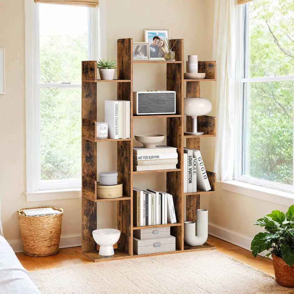Tree-Shaped Bookcase – Engineered Wood – Rustic Brown – 13 Storage Shelves with Rounded Corners