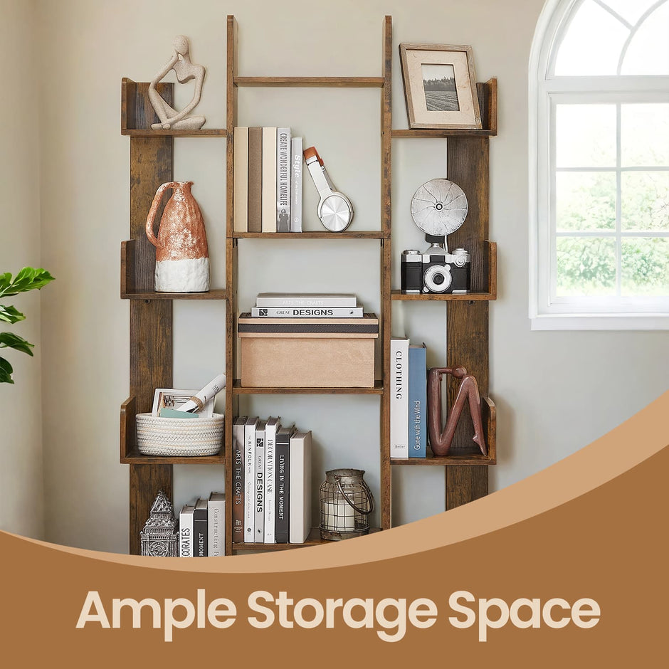 Tree-Shaped Bookcase – Engineered Wood – Rustic Brown – 13 Storage Shelves with Rounded Corners