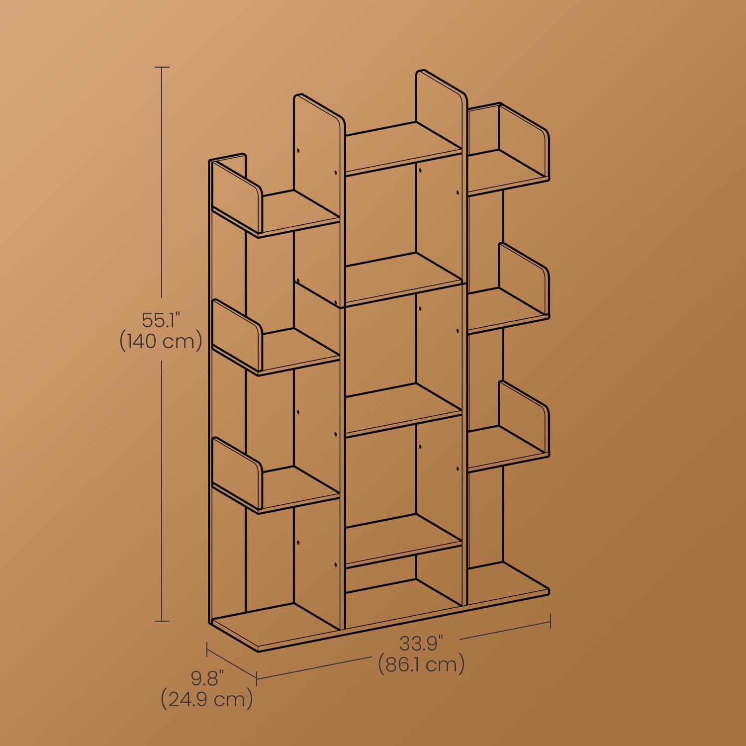 Tree-Shaped Bookcase – Engineered Wood – Rustic Brown – 13 Storage Shelves with Rounded Corners