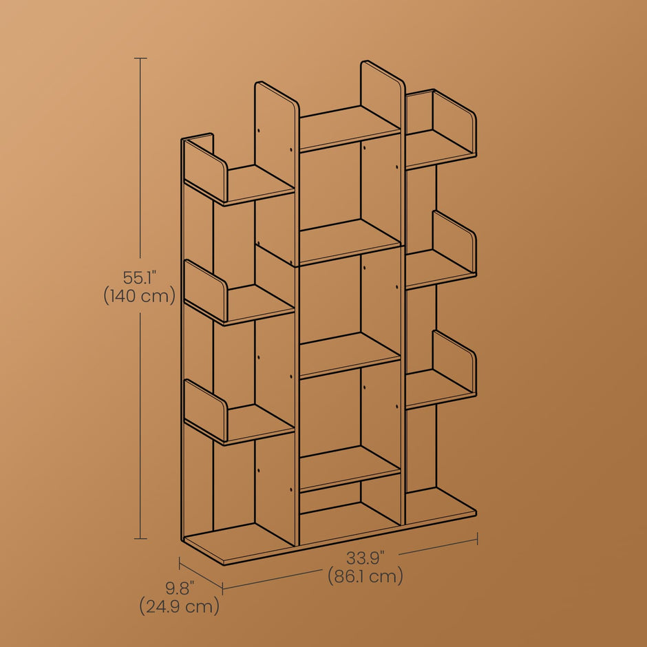 Tree-Shaped Bookcase – Engineered Wood – Rustic Brown – 13 Storage Shelves with Rounded Corners
