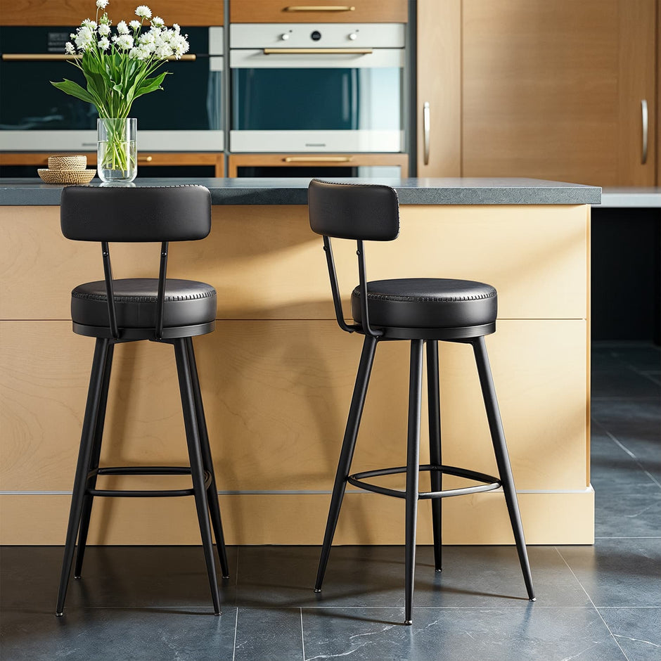 Set of 2 Bar Height Stools – Synthetic Leather – Ink Black – 360° Swivel with Back