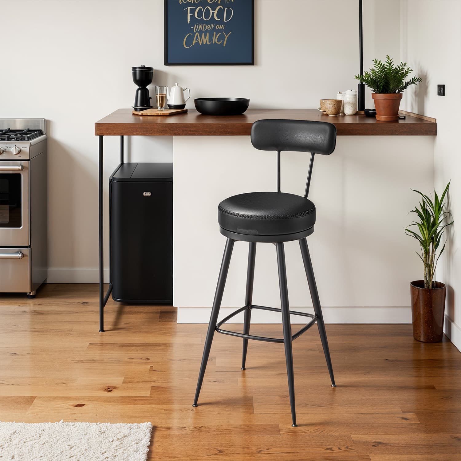Set of 2 Bar Height Stools – Synthetic Leather – Ink Black – 360° Swivel with Back