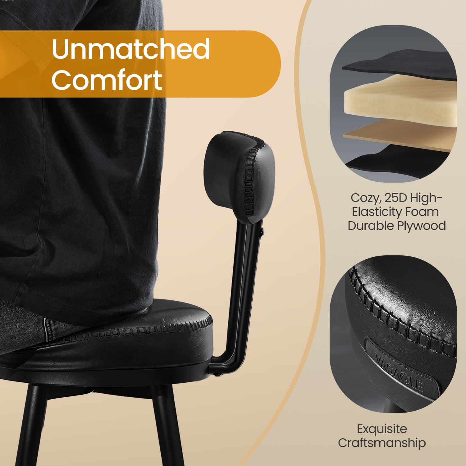 Set of 2 Bar Height Stools – Synthetic Leather – Ink Black – 360° Swivel with Back