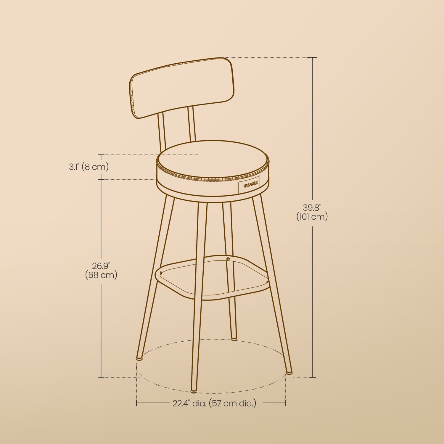 Set of 2 Bar Height Stools – Synthetic Leather – Ink Black – 360° Swivel with Back