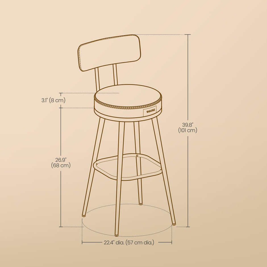 Set of 2 Bar Height Stools – Synthetic Leather – Ink Black – 360° Swivel with Back