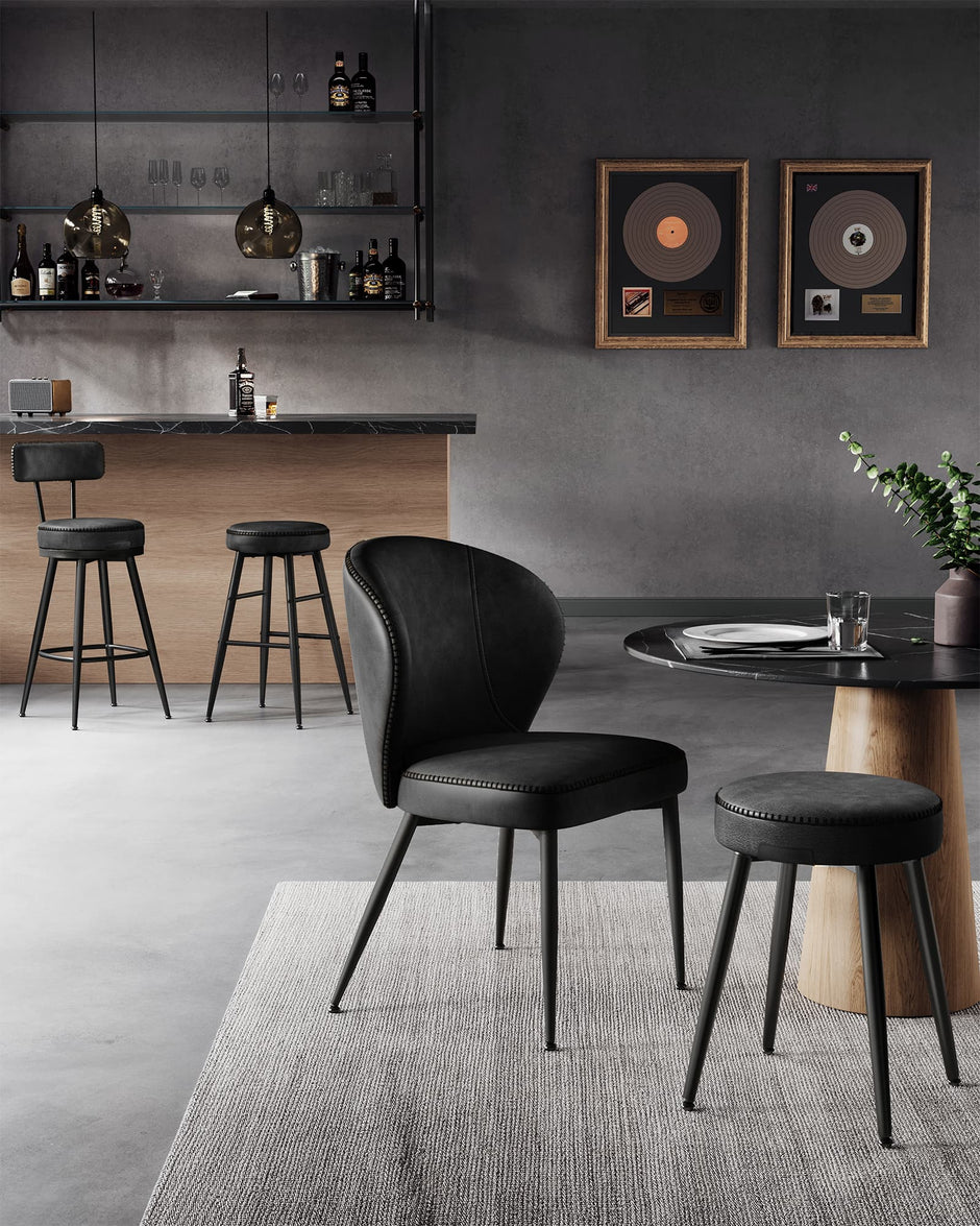 Bar Stools Set of 2 – Synthetic Leather – Ink Black – 360° Swivel, Mid-Century Modern Design, 76 cm Tall