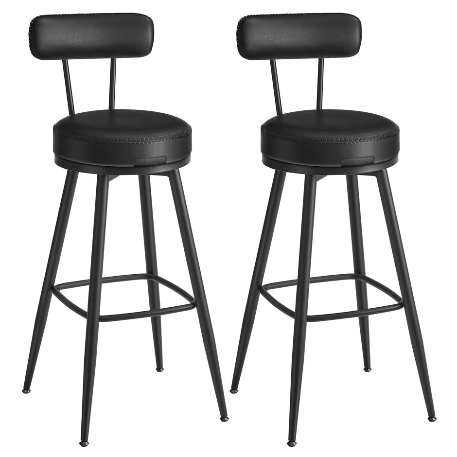 Bar Stools Set of 2 – Synthetic Leather – Ink Black – 360° Swivel, Mid-Century Modern Design, 76 cm Tall