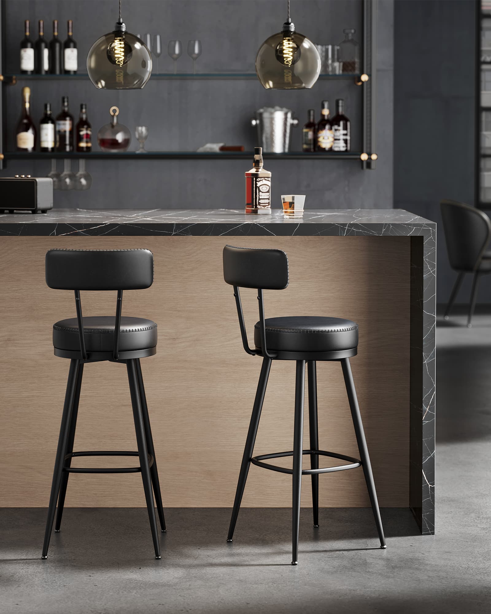 Bar Stools Set of 2 – Synthetic Leather – Ink Black – 360° Swivel, Mid-Century Modern Design, 76 cm Tall
