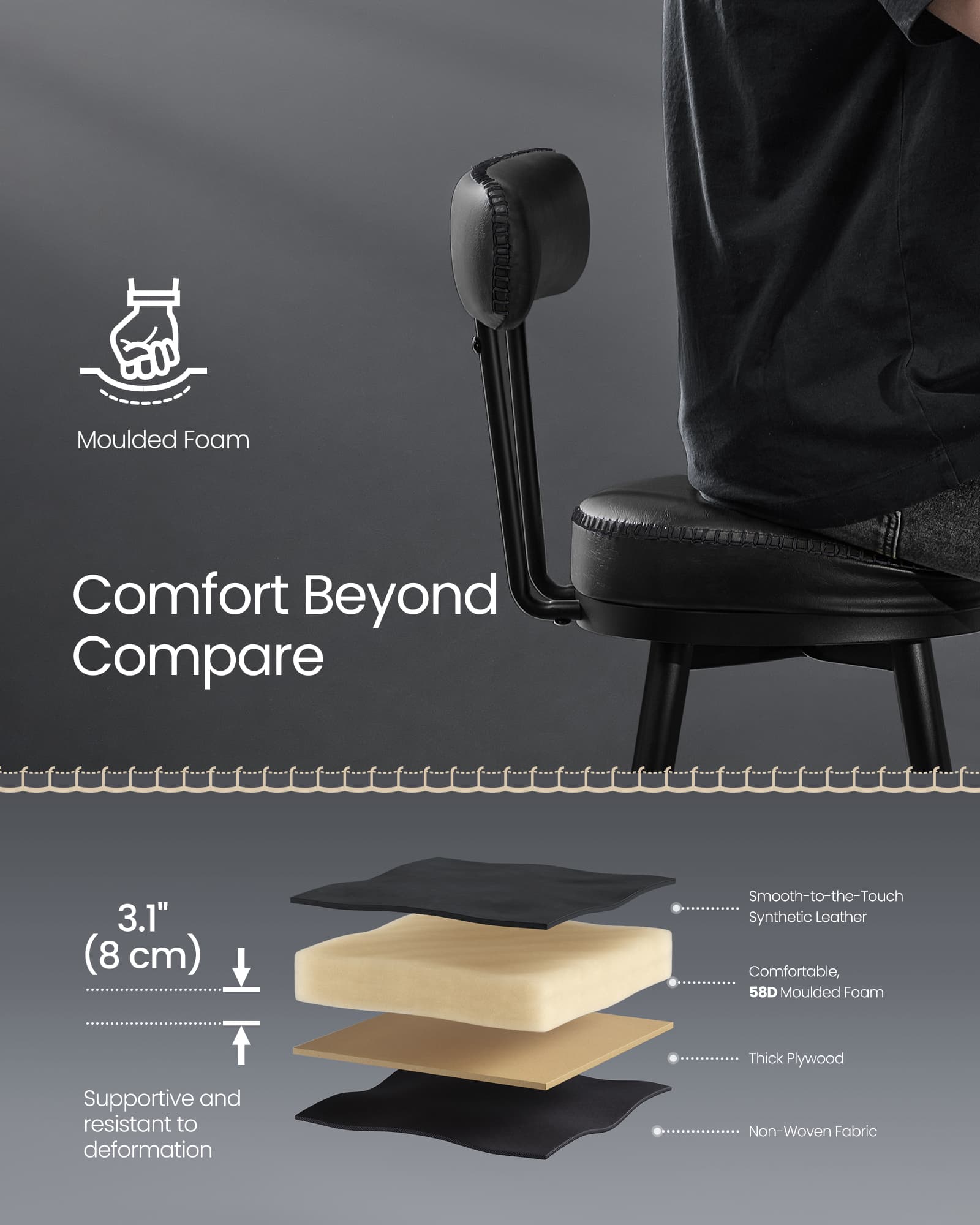 Bar Stools Set of 2 – Synthetic Leather – Ink Black – 360° Swivel, Mid-Century Modern Design, 76 cm Tall