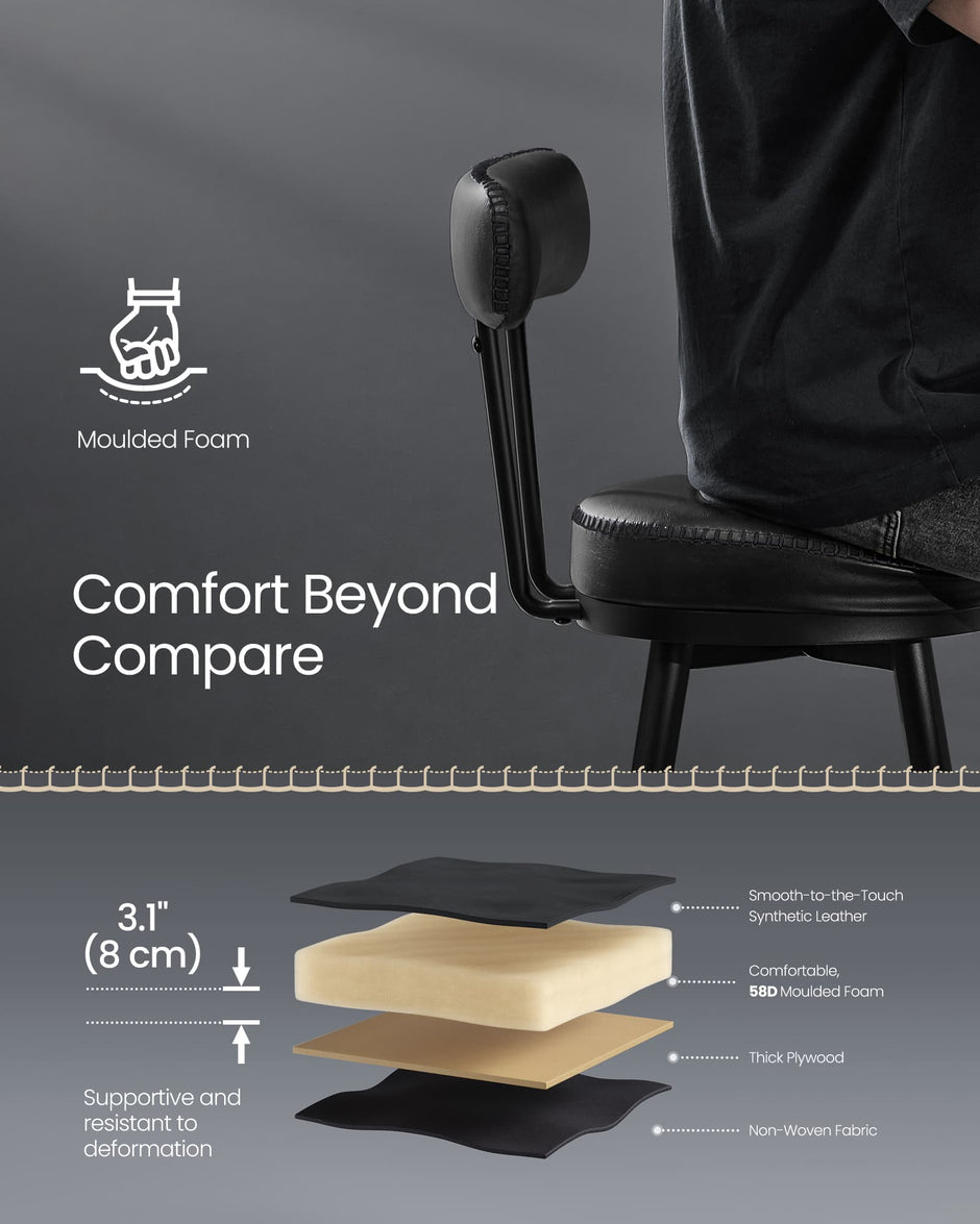 Bar Stools Set of 2 – Synthetic Leather – Ink Black – 360° Swivel, Mid-Century Modern Design, 76 cm Tall