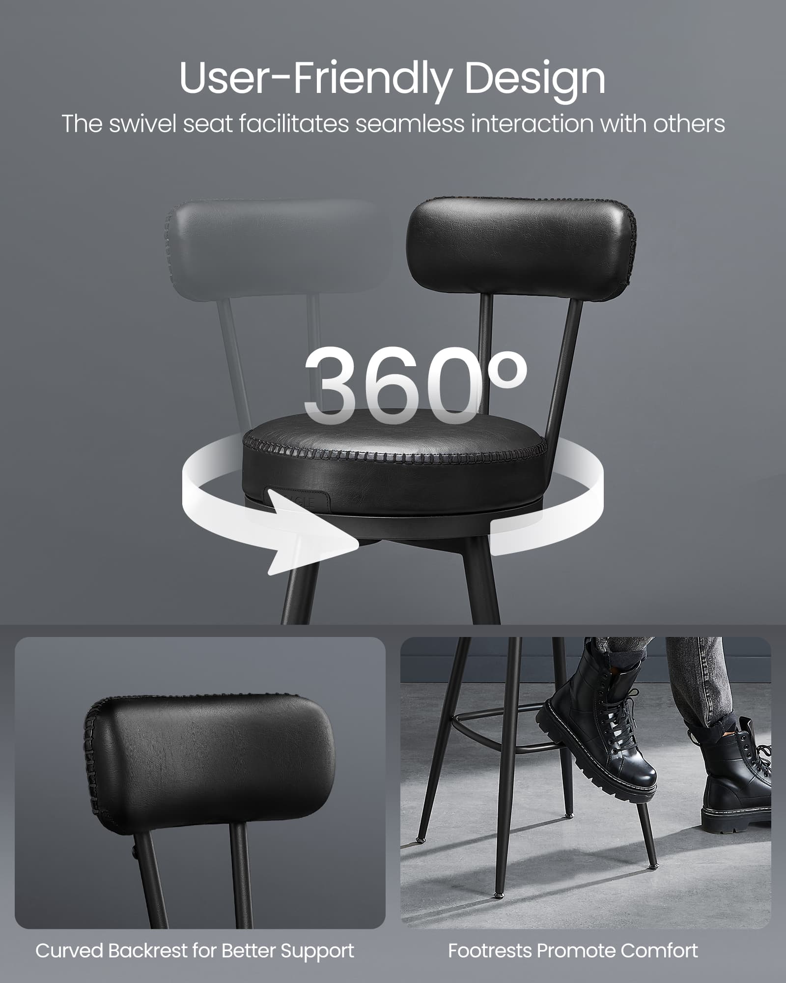 Bar Stools Set of 2 – Synthetic Leather – Ink Black – 360° Swivel, Mid-Century Modern Design, 76 cm Tall