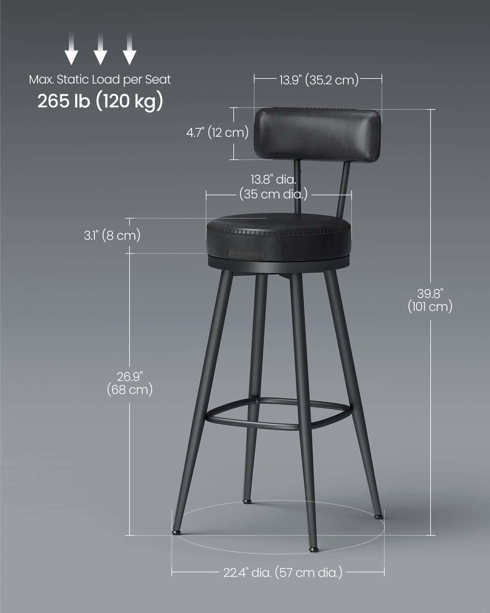 Bar Stools Set of 2 – Synthetic Leather – Ink Black – 360° Swivel, Mid-Century Modern Design, 76 cm Tall
