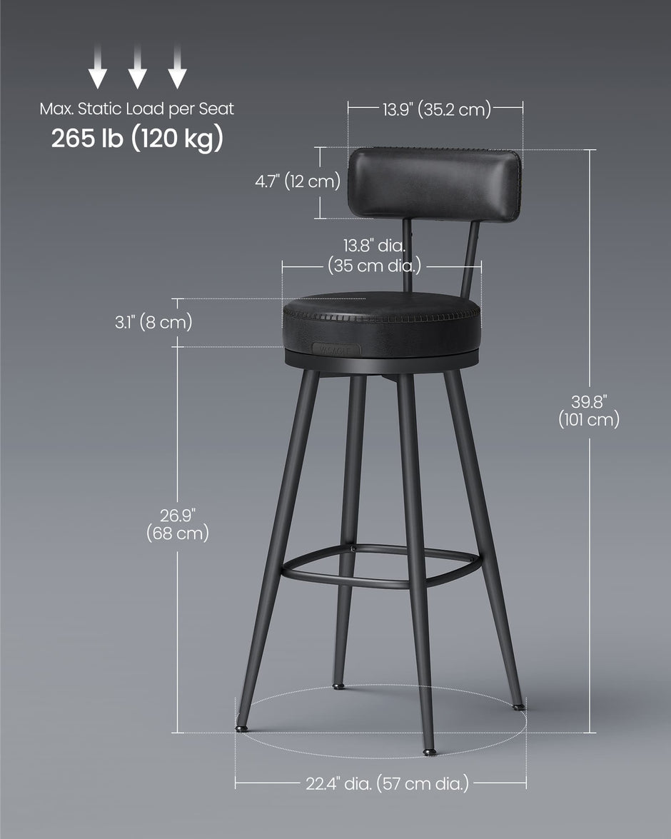 Bar Stools Set of 2 – Synthetic Leather – Ink Black – 360° Swivel, Mid-Century Modern Design, 76 cm Tall