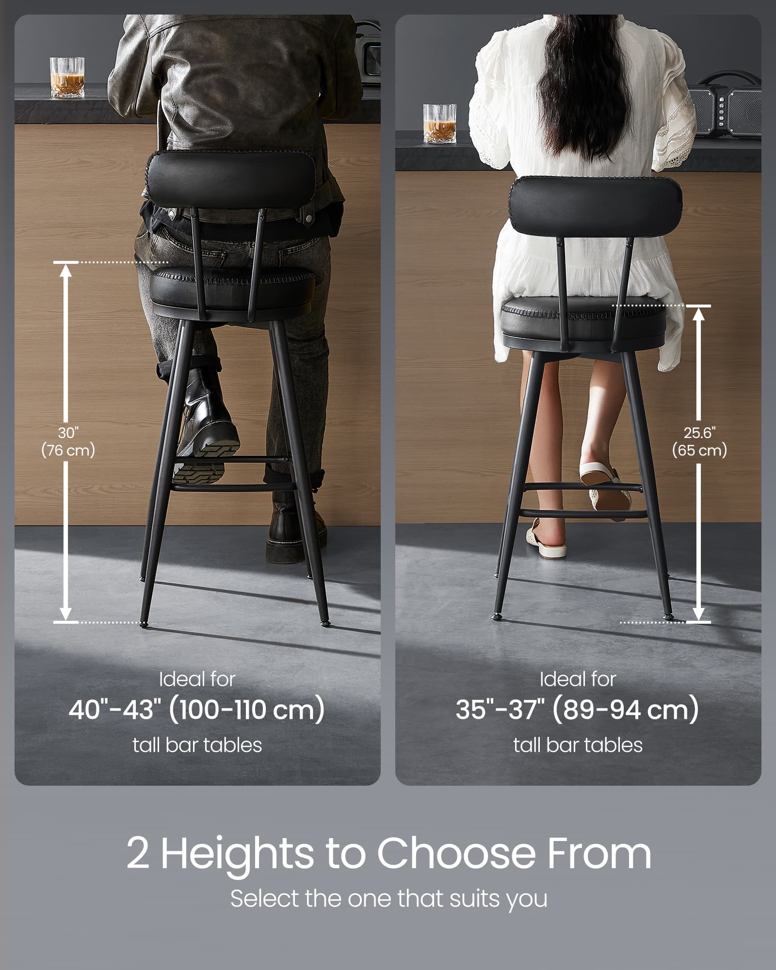 Bar Stools Set of 2 – Synthetic Leather – Ink Black – 360° Swivel, Mid-Century Modern Design, 76 cm Tall