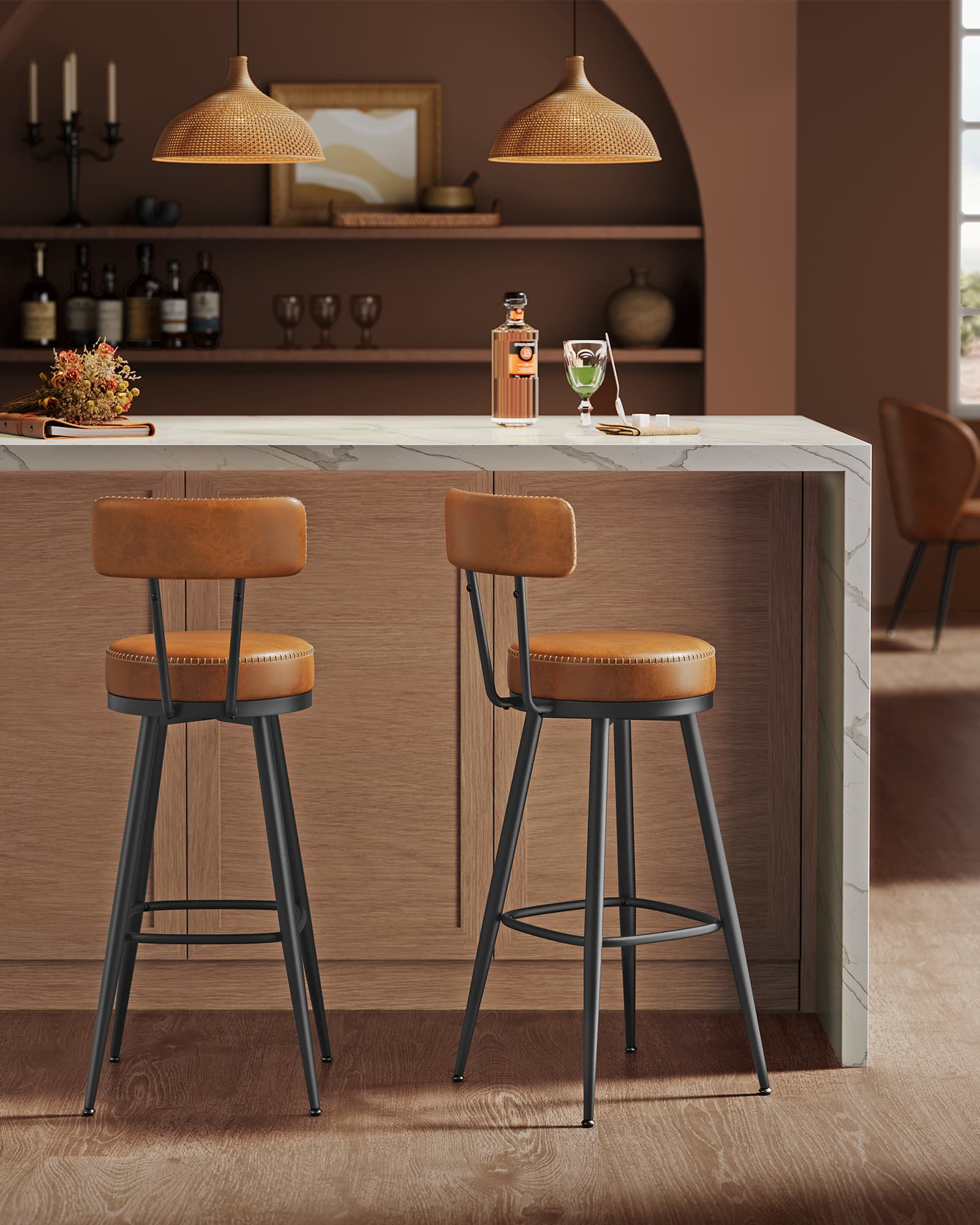 Bar Stools – Synthetic Leather – Caramel Brown – 360° Swivel, Set of 2