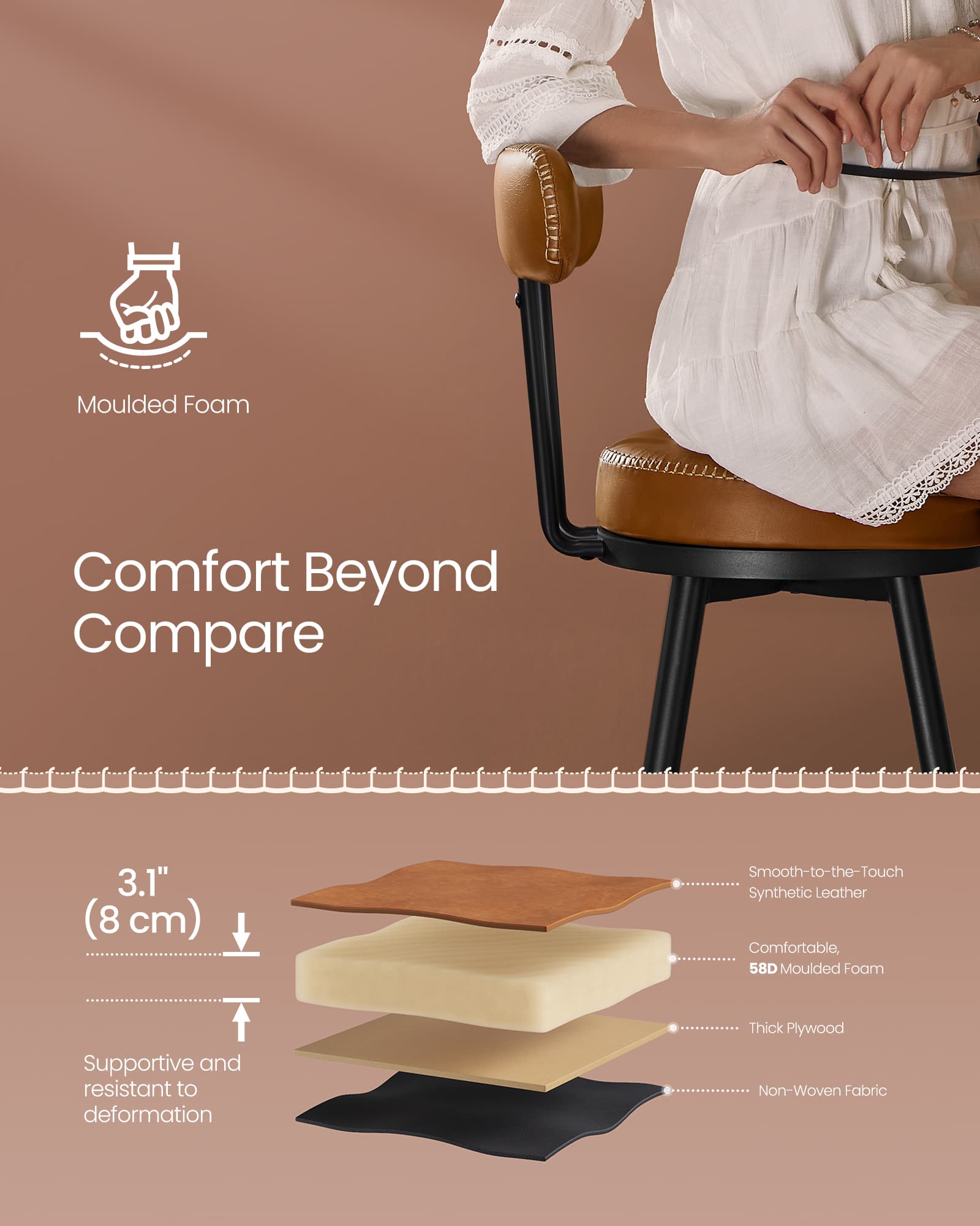 Bar Stools – Synthetic Leather – Caramel Brown – 360° Swivel, Set of 2