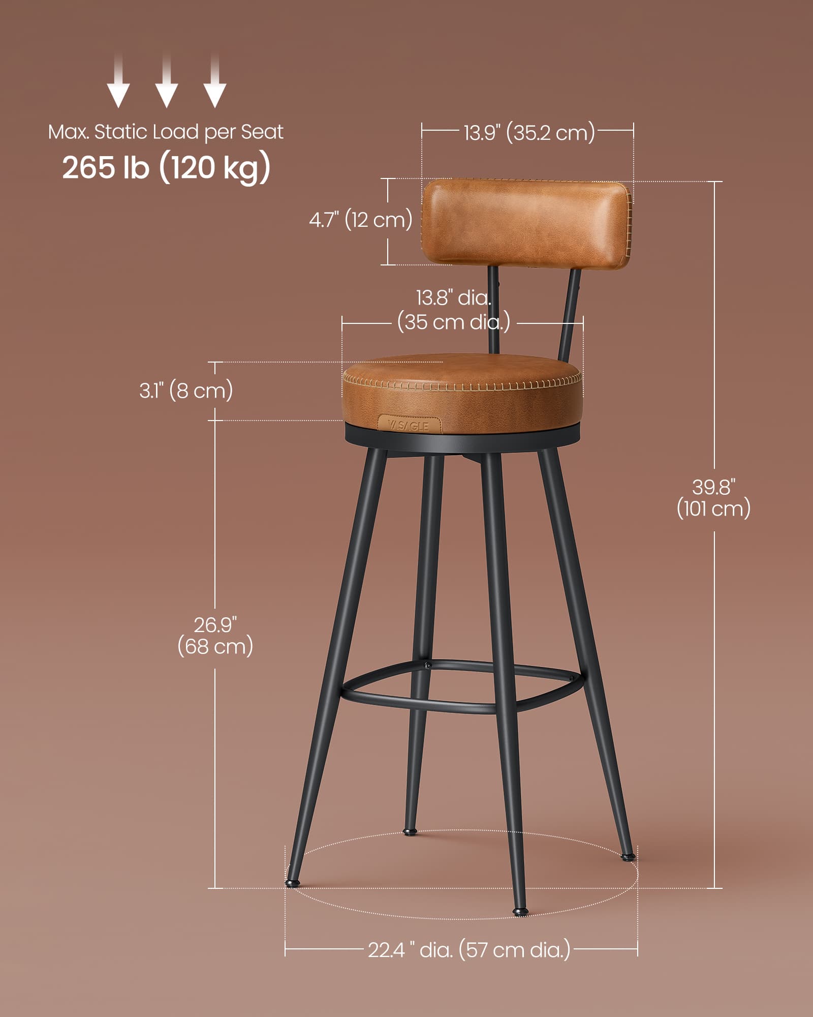 Bar Stools – Synthetic Leather – Caramel Brown – 360° Swivel, Set of 2