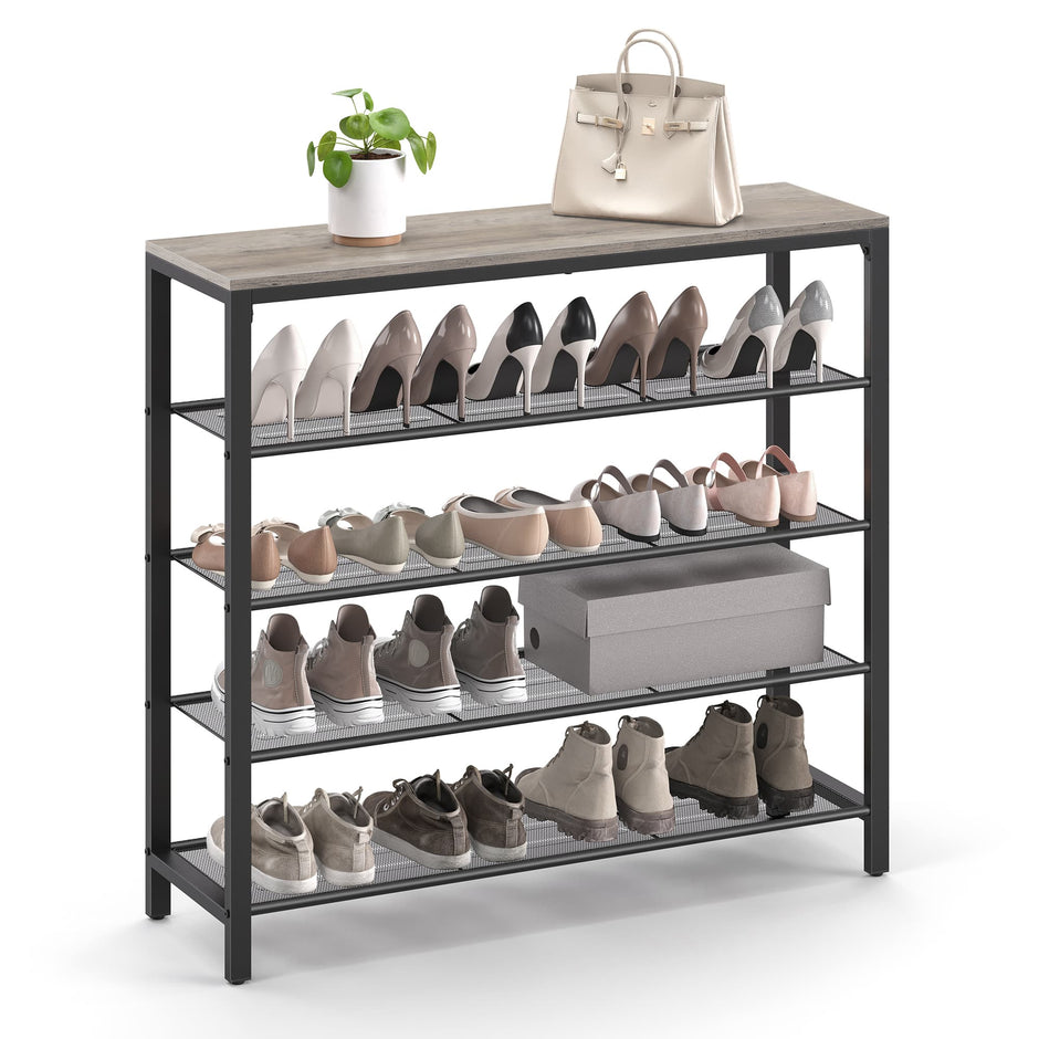 Shoe Rack – Steel – Greige and Black – 4 Mesh Shelves with Large Surface for Storage
