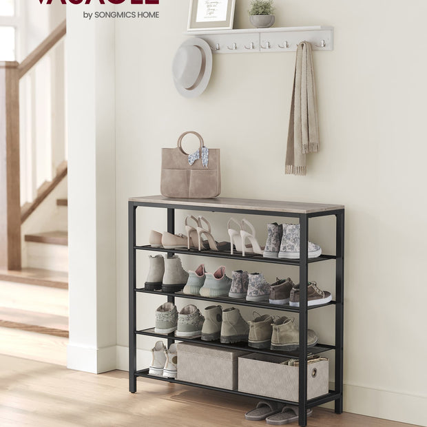 Shoe Rack – Steel – Greige and Black – 4 Mesh Shelves with Large Surface for Storage