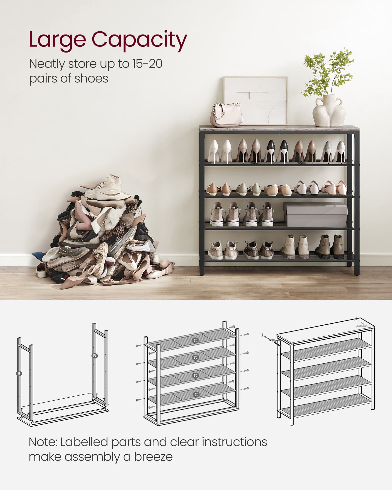 Shoe Rack – Steel – Greige and Black – 4 Mesh Shelves with Large Surface for Storage