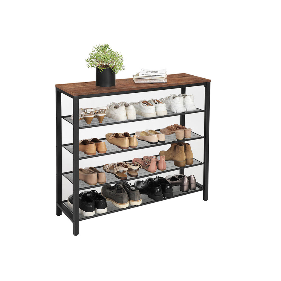 Shoe Rack – Steel – Hazelnut Brown – 4 Mesh Shelves with Large Surface for Bags