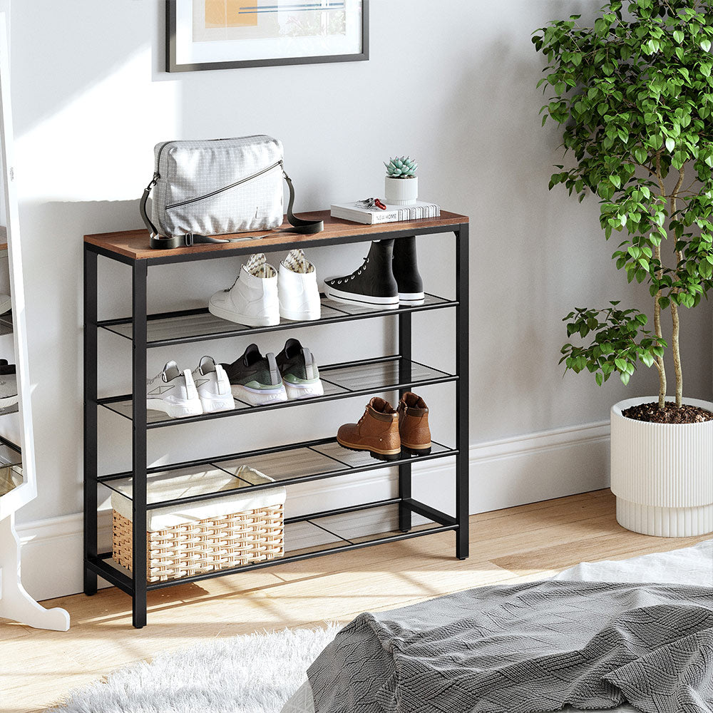 Shoe Rack – Steel – Hazelnut Brown – 4 Mesh Shelves with Large Surface for Bags