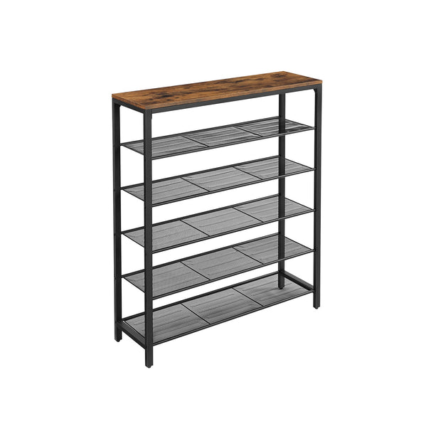 Shoe Organizer – Steel – Rustic Brown and Black – 5 Mesh Shelves with Large Surface