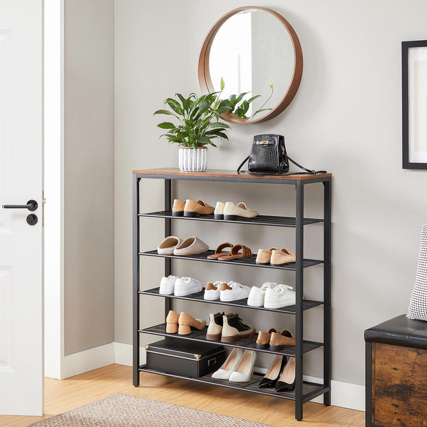 Shoe Organizer – Steel – Rustic Brown and Black – 5 Mesh Shelves with Large Surface