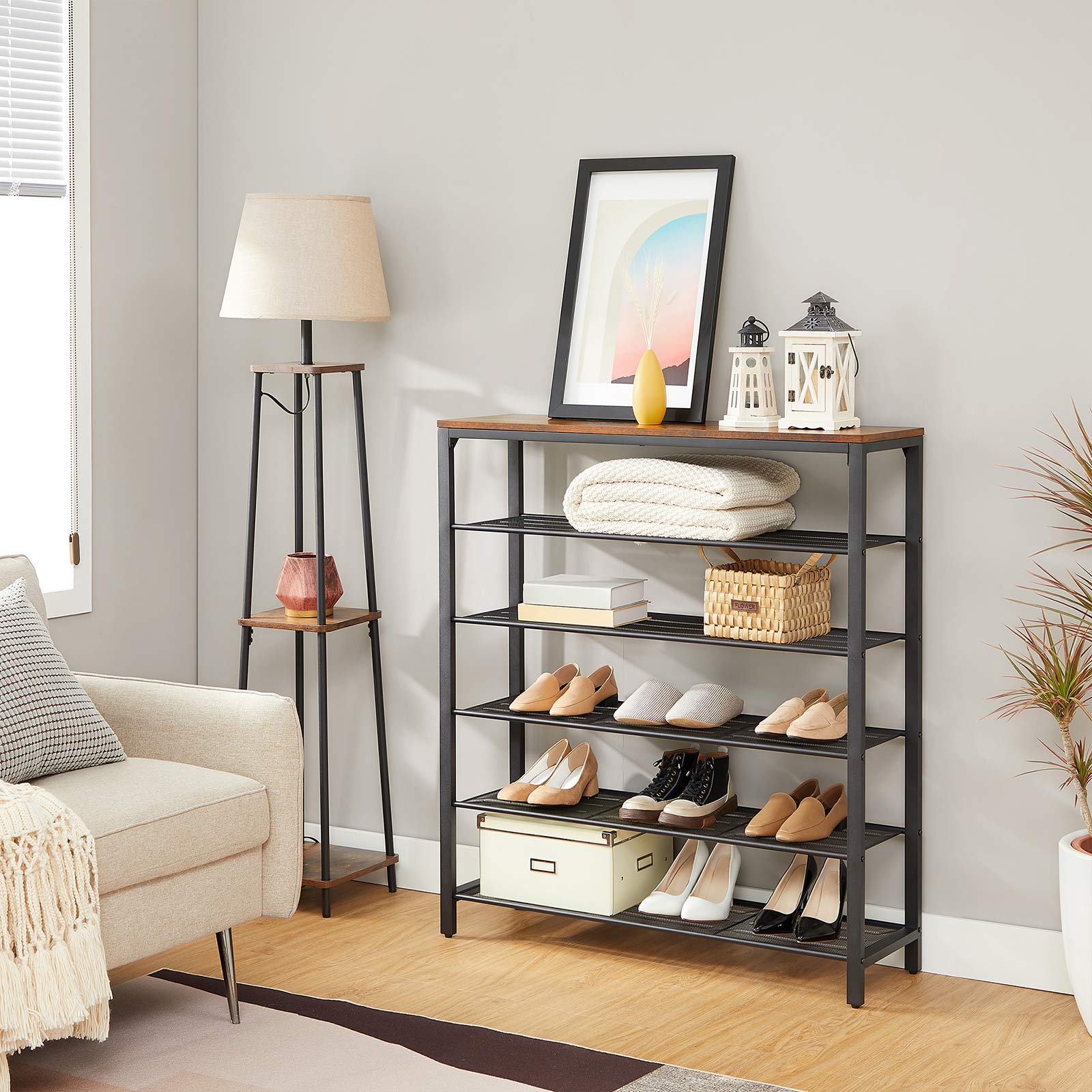 Shoe Organizer – Steel – Rustic Brown and Black – 5 Mesh Shelves with Large Surface