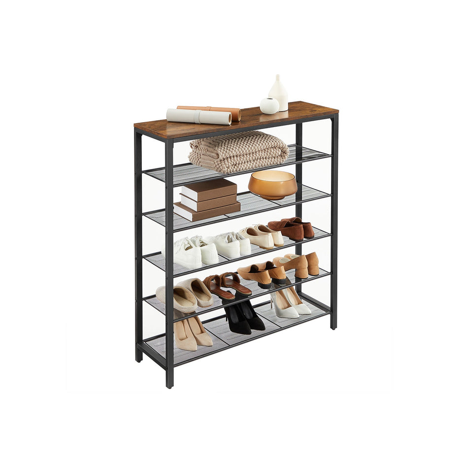 Shoe Organizer – Steel – Rustic Brown and Black – 5 Mesh Shelves with Large Surface