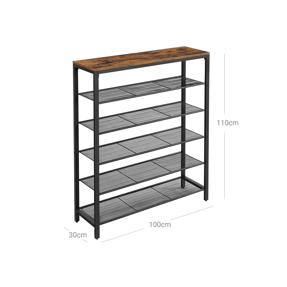 Shoe Organizer – Steel – Rustic Brown and Black – 5 Mesh Shelves with Large Surface