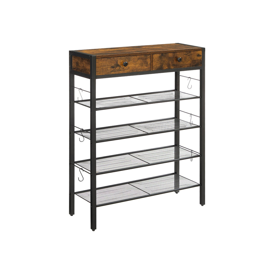 Shoe Rack – Wood – Rustic Brown and Black – 2 Drawers and 4 Shelves, Holds up to 14 Pairs