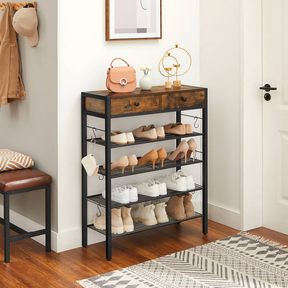 Shoe Rack – Wood – Rustic Brown and Black – 2 Drawers and 4 Shelves, Holds up to 14 Pairs