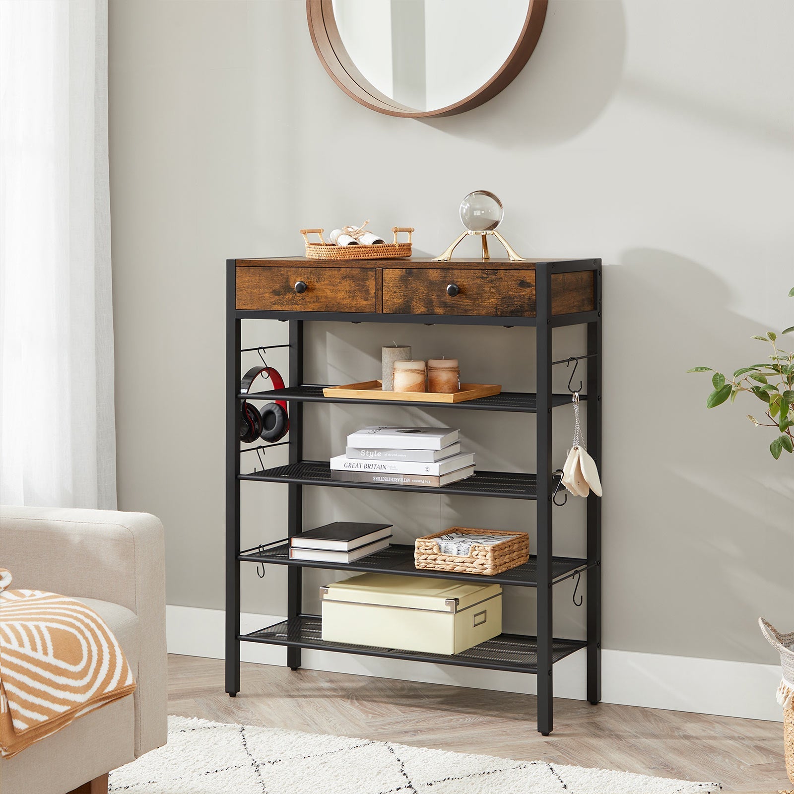 Shoe Rack – Wood – Rustic Brown and Black – 2 Drawers and 4 Shelves, Holds up to 14 Pairs