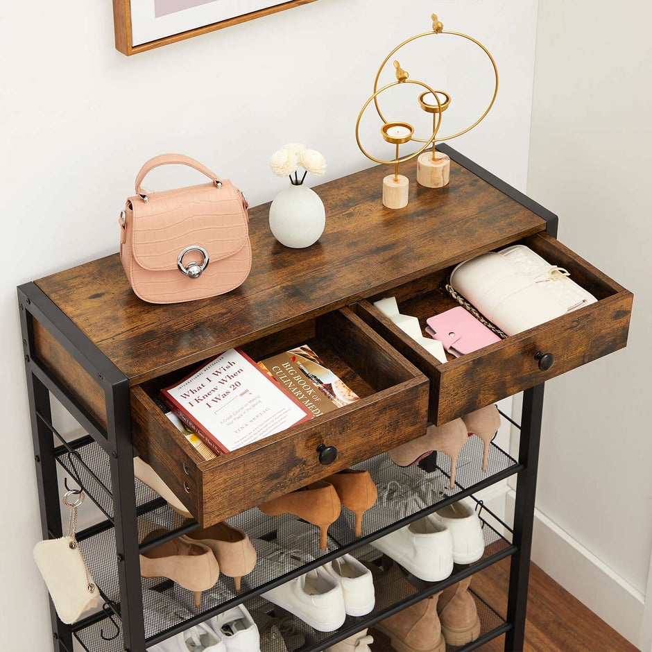 Shoe Rack – Wood – Rustic Brown and Black – 2 Drawers and 4 Shelves, Holds up to 14 Pairs
