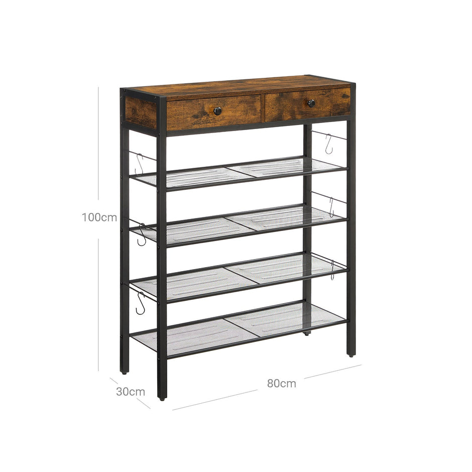 Shoe Rack – Wood – Rustic Brown and Black – 2 Drawers and 4 Shelves, Holds up to 14 Pairs