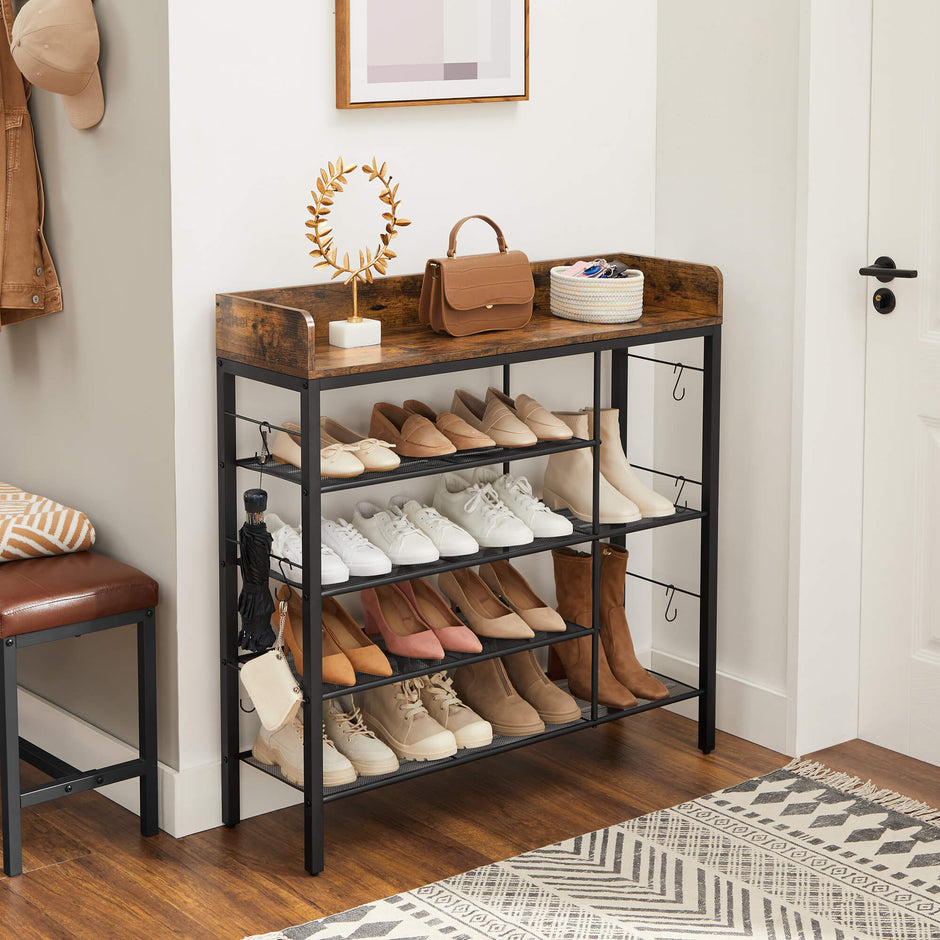 Shoe Storage Rack – Metal Frame – Rustic Brown and Black – Holds Up to 14 Pairs